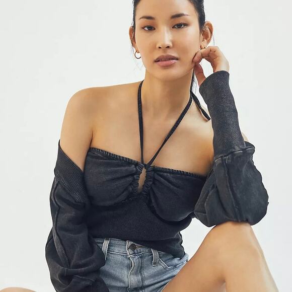 Pilcro Anthropologie Women's Black French-Terry Halter Top Size Large Petite NEW - Picture 1 of 7